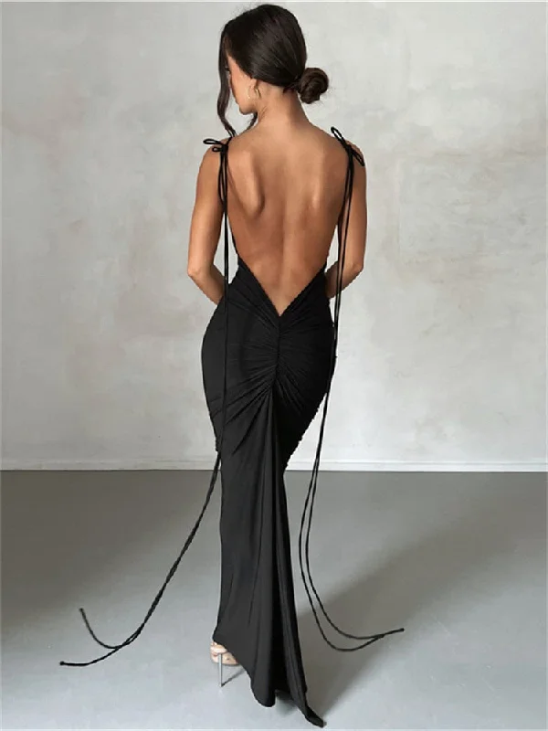 Lengthen Straped Backless Ruched Bodycon Evening Black Party Dress Women Elegant Concise Maxi Dress 2023 Summer Floral Print girly Lengthen Straped Backless Ruched Bodycon Evening Black Party Dress Women Elegant Concise Maxi Dress 2023 Summer Floral Print girly