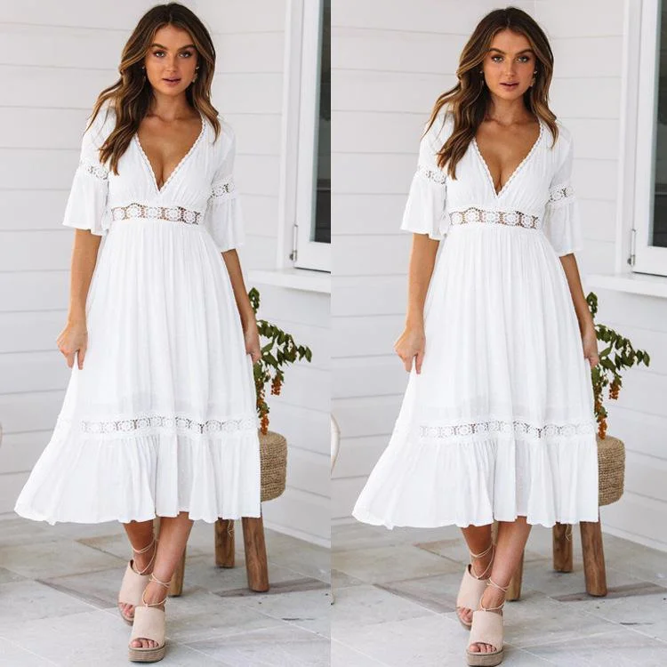 Sexy White Dress Lace Mini Dress Deep V Dresses Trendy Bodycon Mini Dress