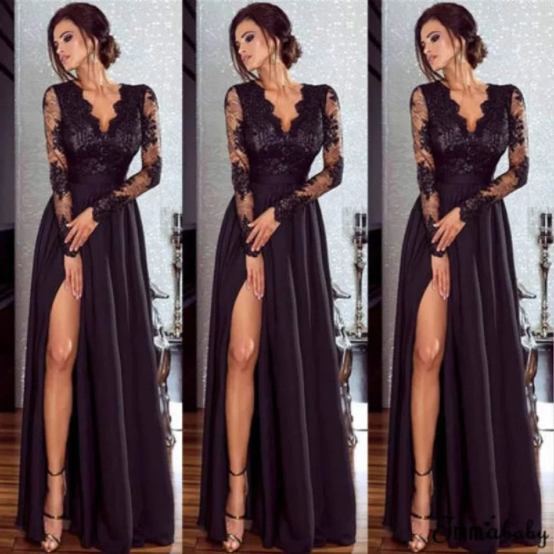 Women Evening Dress Lace Dresses Formal Long  Ball Prom Gown Evening Party Hollow Out Deep V-Neck Long Sleeve New Fashion Boat Neckline Classic