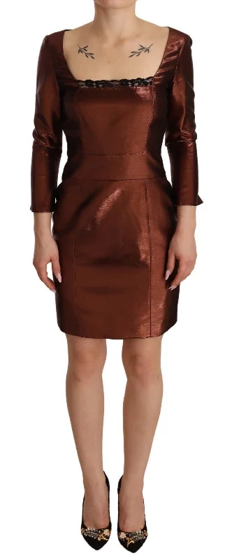 GF Ferre Elegant Bronze Sheath Mini Dress with Square Neck Casual Button-Up Mini Dress