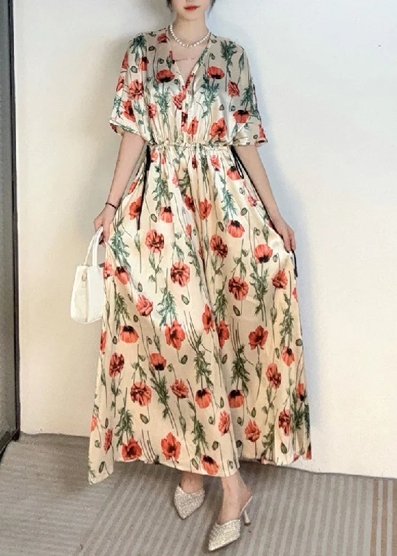 Handmade Apricot V Neck Print Cinched Holiday Long Dress Summer AO1028 Tunics Favorite customer Handmade Apricot V Neck Print Cinched Holiday Long Dress Summer AO1028 Tunics Favorite customer