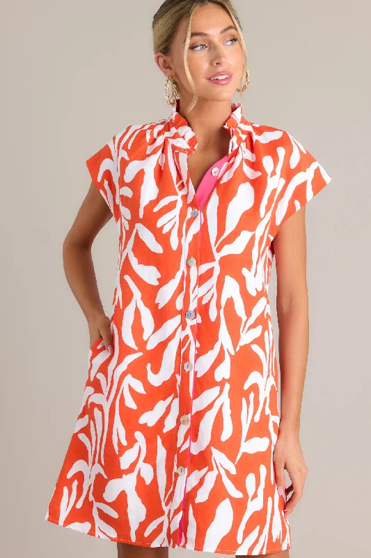 Life's Compass Red Orange Abstract Floral Button Front Mini Dress Chic Mini Dress with V-Neck Life's Compass Red Orange Abstract Floral Button Front Mini Dress Chic Mini Dress with V-Neck