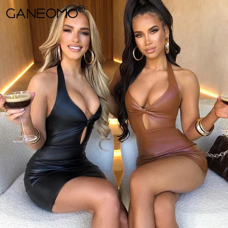 Halter Bodycon Mini Dresses Casual Button-Up Mini Dress
