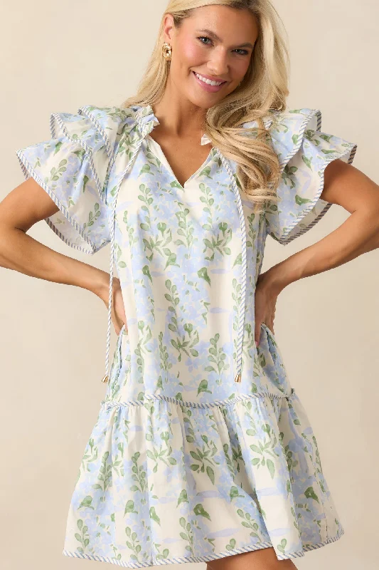 Garden Of Dreams Cotton Blue Flutter Sleeve Mini Dress Fashionable Denim Mini Dress