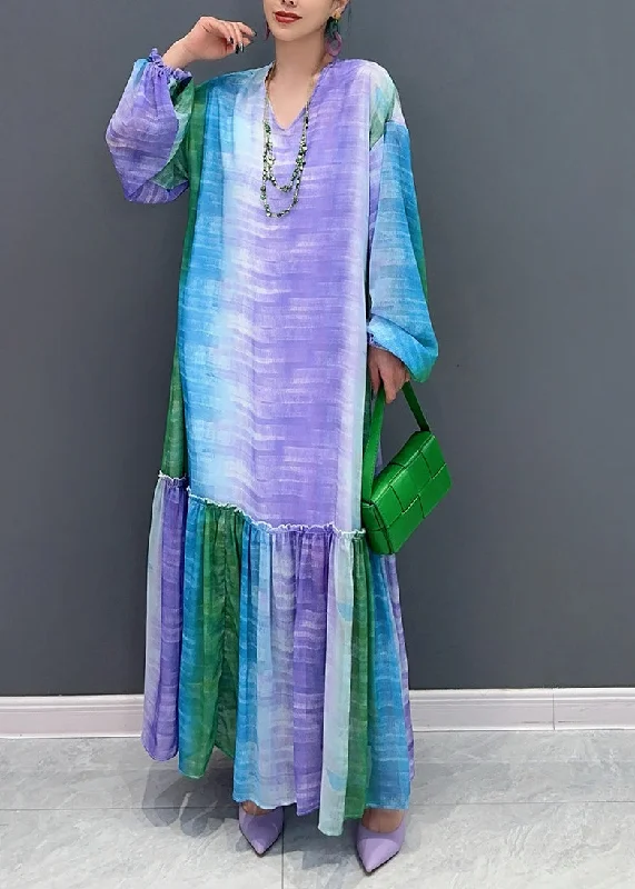 Loose Blue Purple Gradient Color Ruffled Patchwork Long Dresses Fall AO1026 Tunics Sophisticated sleek Loose Blue Purple Gradient Color Ruffled Patchwork Long Dresses Fall AO1026 Tunics Sophisticated sleek