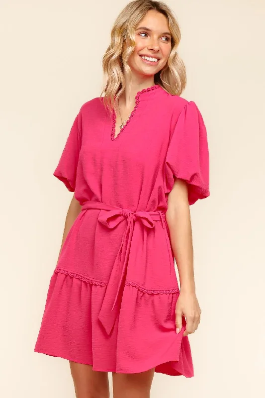 PLUS Haptics Bubble Pink Mini Dress with Tie Waist Comfortable Shift Mini Dress