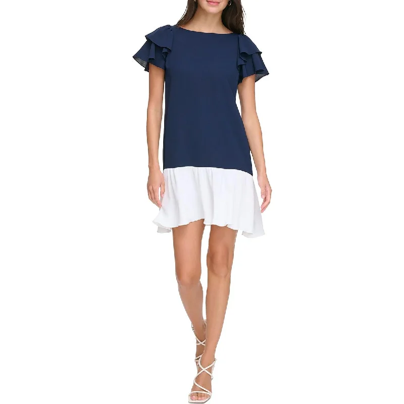 Womens Colorblock Flutter Sleeves Mini Dress Tunics New arrival