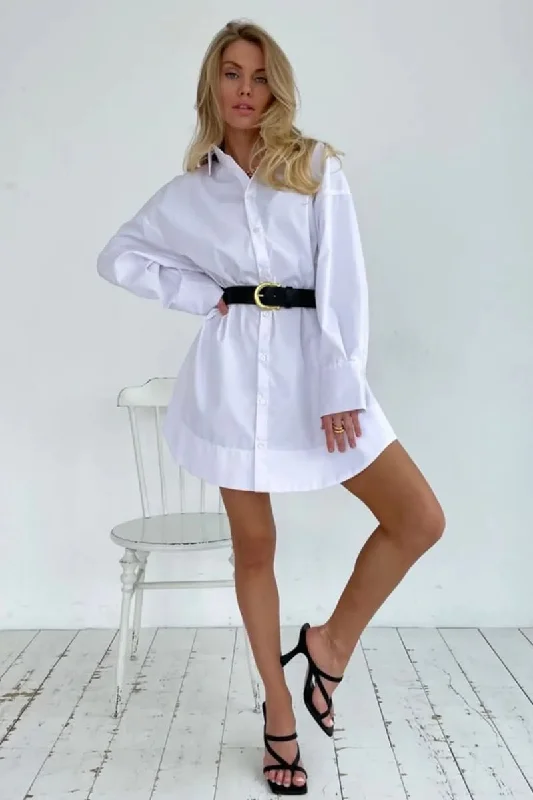 Women's White Long Sleeve Mini Shirt Dress Turtleneck Warm Winter
