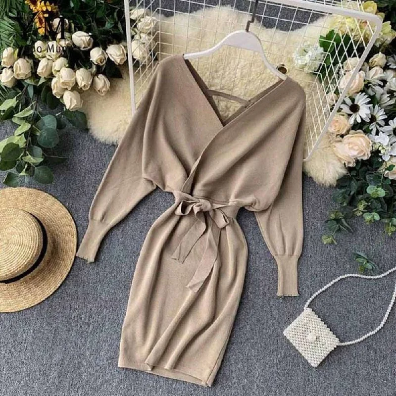 Elegant Beige V Neck Tie Waist Long Batwing Sleeve Dress AR1021 Tunic Top Casual