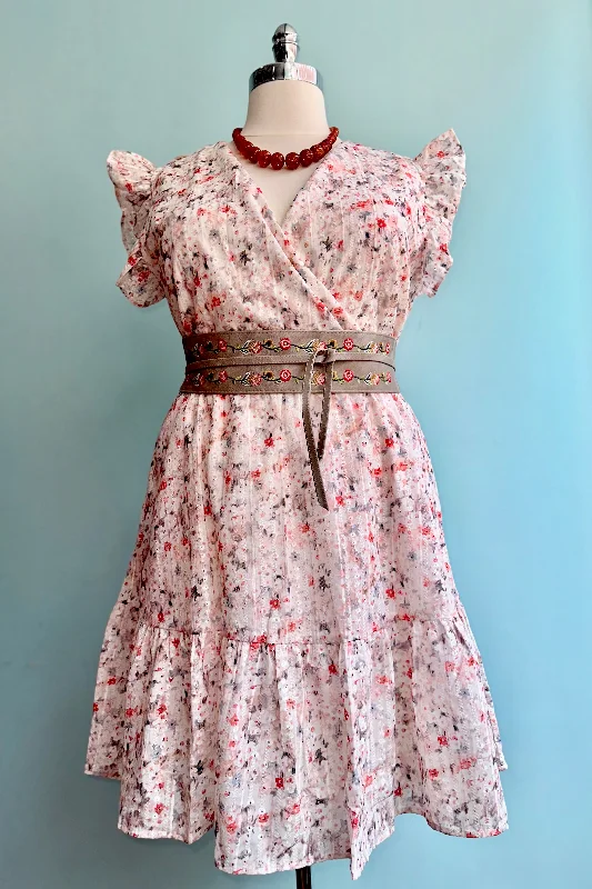 Peach Ruffle Shoulder Floral Mini Dress Trendy Crossover Mini Dress