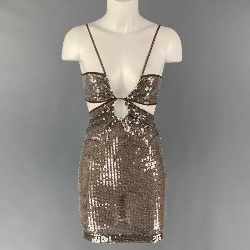 NENSI DOJAKA Size XS Brown Silver Polyester Blend Cut Out Sequined Mini Dress Fashionable Off-Shoulder Mini Dress