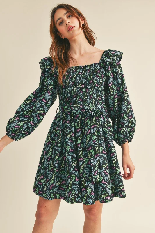Magenta and Turquoise Leaf Ruffle Sleeve Mini Dress Trendy Tie-Dye Mini Dress