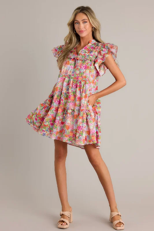 Moments Of Joy 100% Cotton Pink Floral Mini Dress Elegant Vintage Mini Dress