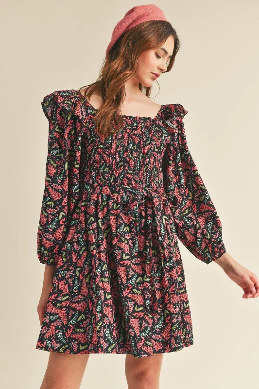 Fuchsia and Green Leaf Ruffle Sleeve Mini Dress Fashionable Off-Shoulder Mini Dress