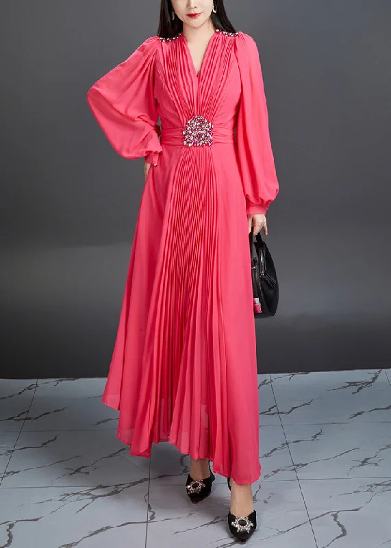 Novelty Red V Neck Wrinkled Chiffon Long Dress Fall AR1039 Tunics Luxurious high-end