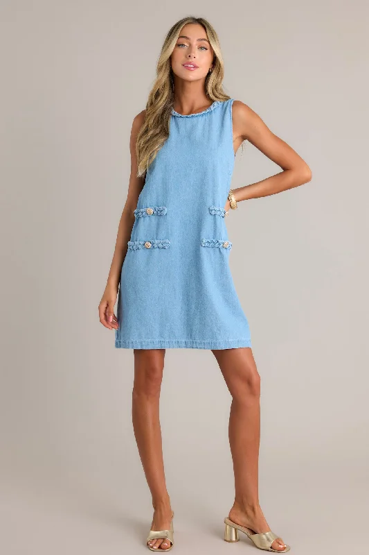 Chic Charm 100% Cotton Light Blue Chambray Mini Dress Comfortable One-Shoulder Mini Dress Chic Charm 100% Cotton Light Blue Chambray Mini Dress Comfortable One-Shoulder Mini Dress