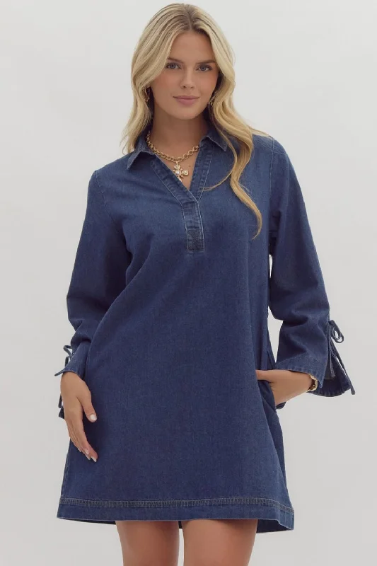 Entro Dark Denim Mini Dress Chic Puff Sleeve Mini Dress