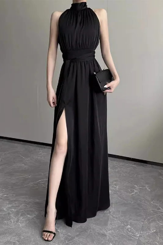 Celebrities Elegant Solid Slit Fold Halter Waist Skirt Dresses Tunics Travel practical
