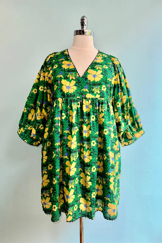 Green and Yellow Floral Mini Dress Elegant Mini Dress with Ruffles