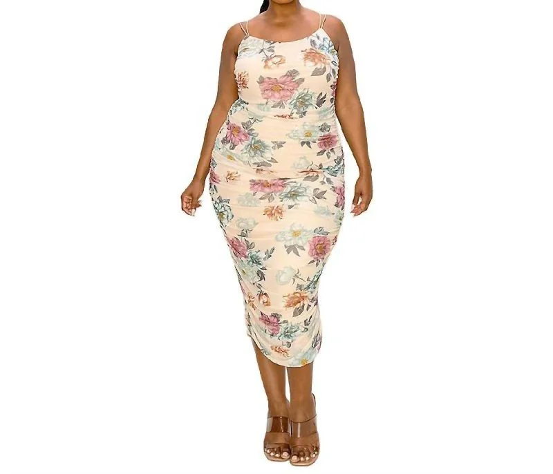 Print Mesh Cinch Dress Plus Size In Cream Tunics Designer luxury