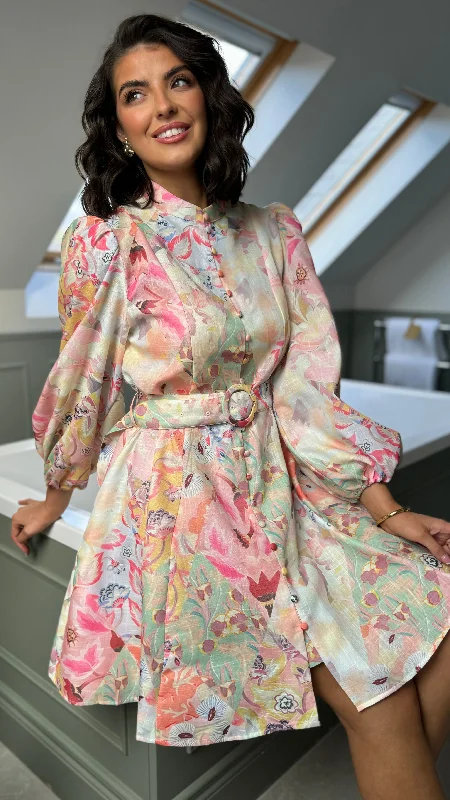 Katherine Green & Pink Floral Printed High Neck Mini Dress (PRE ORDER) Elegant Off-Shoulder Dress Mini Katherine Green & Pink Floral Printed High Neck Mini Dress (PRE ORDER) Elegant Off-Shoulder Dress Mini