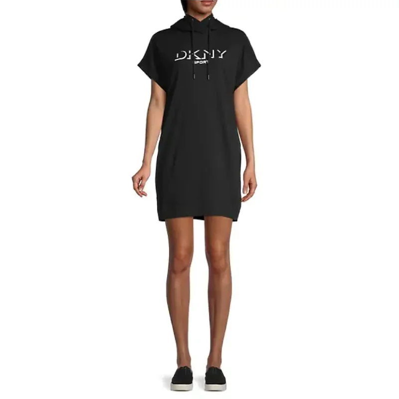 DKNY Sport Drop Shadow Logo Hooded Mini Dress - Black Elegant Off-Shoulder Dress Mini