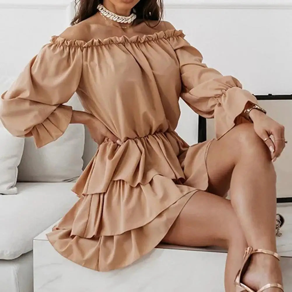 Women Dresses Slash Neck Solid Color Mini Dress Long Sleeve Ruffle Hem Tunic Cake Dress Streetwear Female Clothes For Daily Wear Cozy Cotton Mini Dress Women Dresses Slash Neck Solid Color Mini Dress Long Sleeve Ruffle Hem Tunic Cake Dress Streetwear Female Clothes For Daily Wear Cozy Cotton Mini Dress