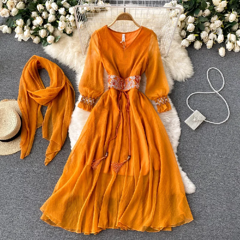 Retro Orange V Neck Splicing Embroidered Waistband Lantern Sleeve Dress AR1013 Elegant Long Evening Retro Orange V Neck Splicing Embroidered Waistband Lantern Sleeve Dress AR1013 Elegant Long Evening