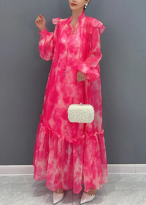 Style Red Stand Collar Ruffled Print Chiffon Maxi Dress Long Sleeve AO1025 Off-the-shoulder Chic Trendy