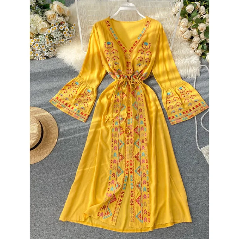 Ethnic Yellow V-Neck Embroidery Drawstring Waist Trumpet Sleeve Dress AR1008 Tunics Occasion special Ethnic Yellow V-Neck Embroidery Drawstring Waist Trumpet Sleeve Dress AR1008 Tunics Occasion special