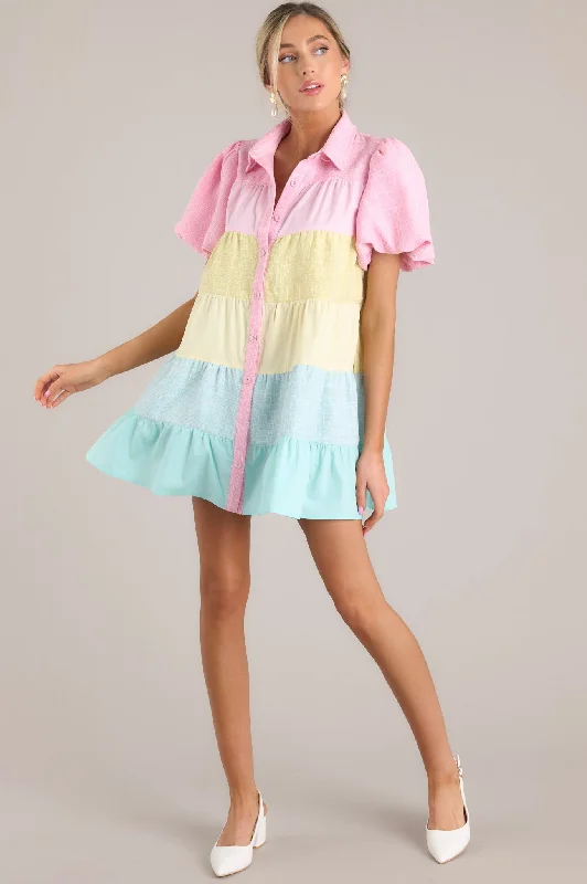 Living In Abundance Pastel Button Front Mini Dress Chic Puff Sleeve Mini Dress