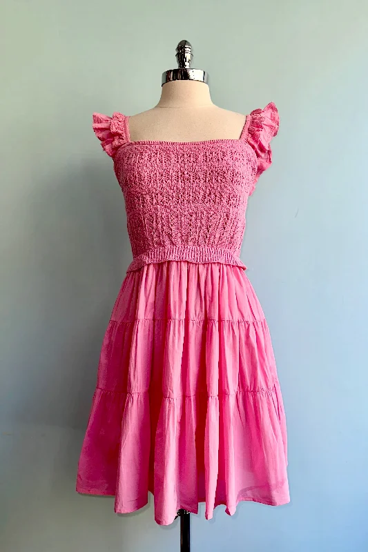Pink Shoulder Ruffle Pointelle Mini Dress Trendy Camisole Mini Dress