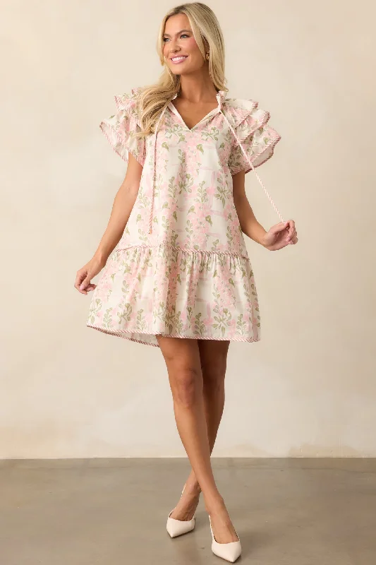 Garden Of Dreams Cotton Pink Flutter Sleeve Mini Dress Comfortable Ruffle Mini Dress