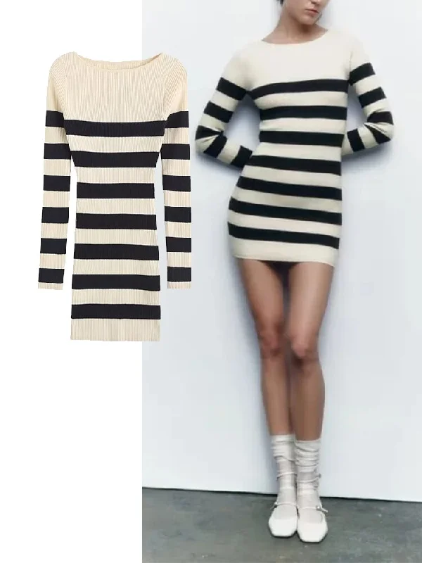TRAF Women Knitted Dress Fashion Striped Slim Fitting Mini Dress Vintage O-Neck Long Sleeves Female elegant chic women dresses Trendy Mini Dress with Belt