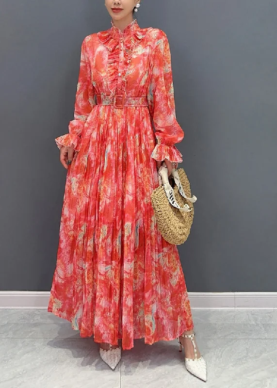 Fashion Red Stand Collar Print Sashes Chiffon Long Dress Long Sleeve AO1035 Halter Neckline Beach