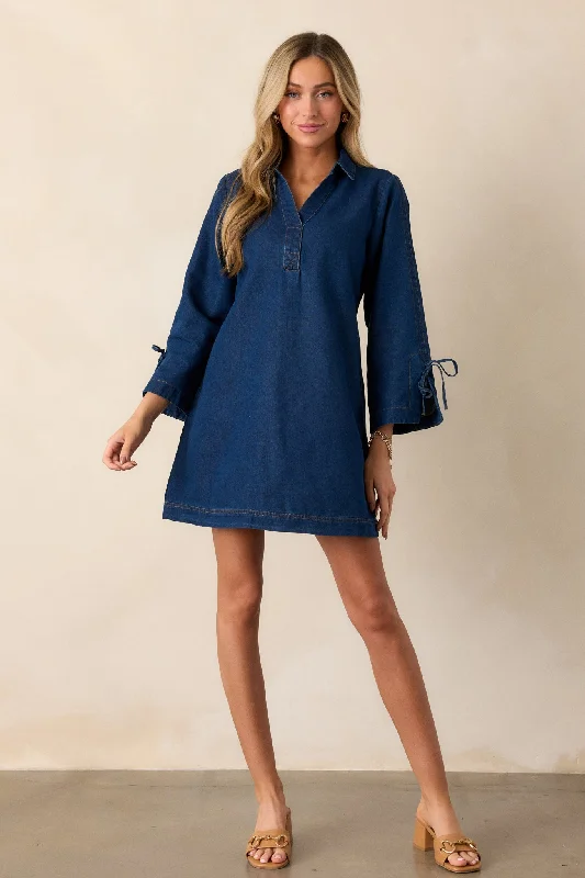 Open Horizons Dark Wash Denim Mini Dress Elegant Lace Mini Dress
