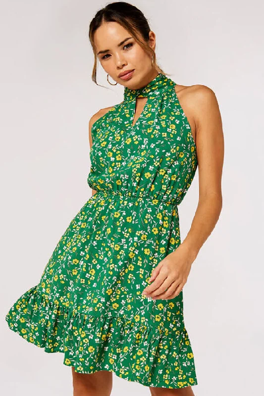 Apricot Ditsy Halter Mini Dress Stylish Short Sleeve Mini Dress