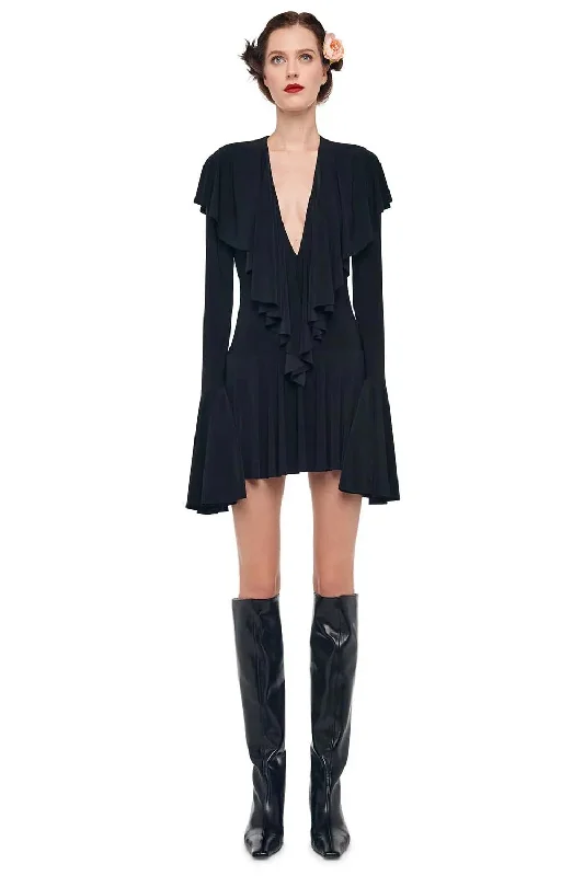 LONG SLEEVE DEEP V RUFFLE MINI DRESS Fashionable Button-Front Mini Dress