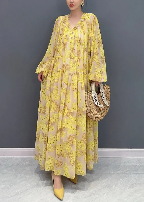 Plus Size Yellow V Neck Ruffled Print Chiffon Long Dresses Fall AY1015 Tunics Wedding white