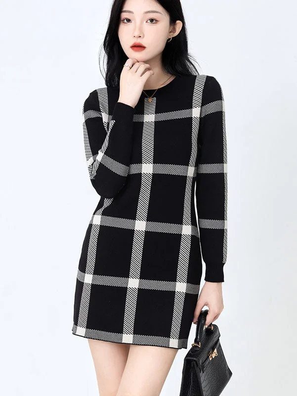 Black Plaid Knit Winter Mini Dress Cozy A-Line Mini Dress