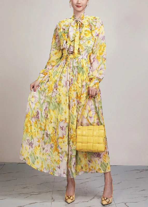 Beautiful Yellow Print Lace Up Chiffon Long Dress Long Sleeve AR1037 Off-the-shoulder Chic Trendy Beautiful Yellow Print Lace Up Chiffon Long Dress Long Sleeve AR1037 Off-the-shoulder Chic Trendy