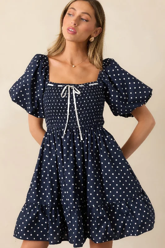Sailor's Sweetheart Cotton Navy Polka Dot Mini Dress Comfortable Wrap Mini Dress