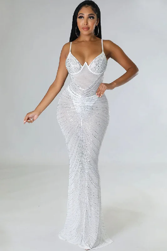 Sparkly Rhinestone Bustier Sheer Mesh Sleeveless Fishtail Evening Maxi Dress - White Tunics Custom made Sparkly Rhinestone Bustier Sheer Mesh Sleeveless Fishtail Evening Maxi Dress - White Tunics Custom made