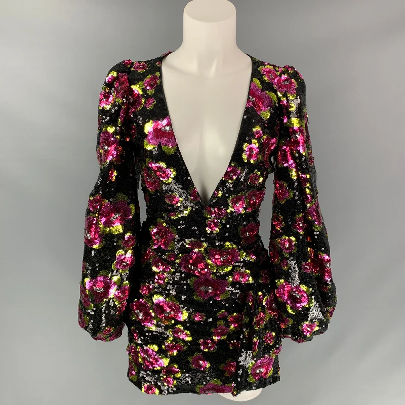 FOR LOVE & LEMONS Size XS Black & Pink Polyester Sequined Mini Dress Cozy Long Sleeve Mini Dress FOR LOVE & LEMONS Size XS Black & Pink Polyester Sequined Mini Dress Cozy Long Sleeve Mini Dress