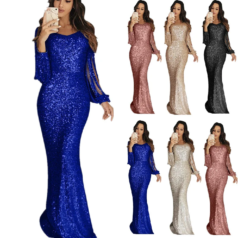IKEARLAX 2022 Wish Women's Cross Border Long Dress Evening Gown Long Sleeve Tassel Dinner Party Dress Tunics Yoga stretchy IKEARLAX 2022 Wish Women's Cross Border Long Dress Evening Gown Long Sleeve Tassel Dinner Party Dress Tunics Yoga stretchy