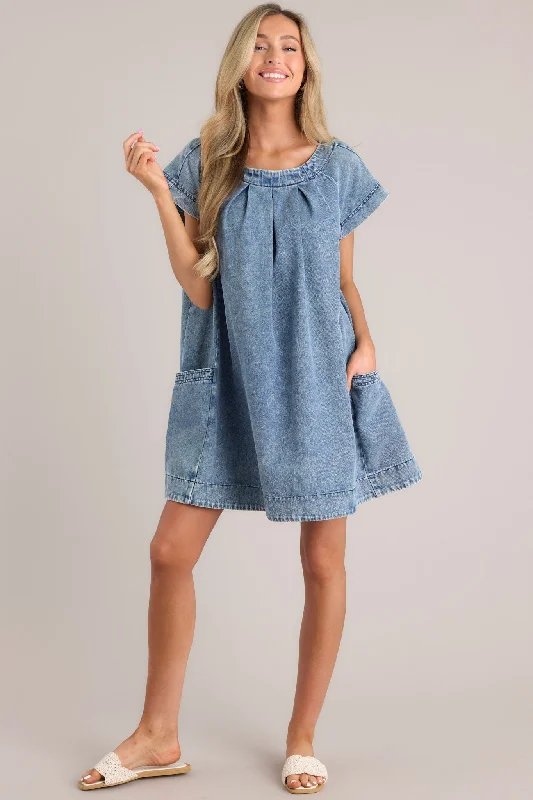 Dream of Daisies Denim Short Sleeve Mini Dress Comfortable Bodycon Mini Dress
