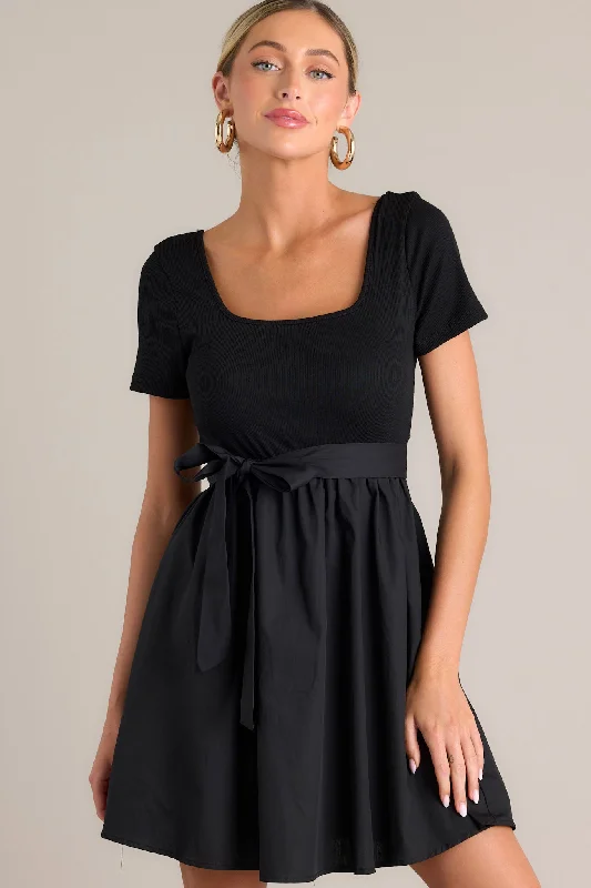Starless Night Black Short Sleeve Mini Dress Cozy Knitted Mini Dress