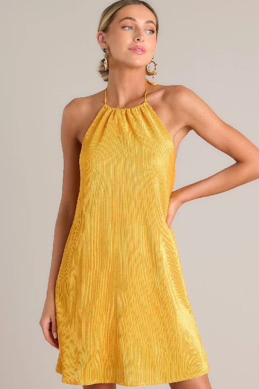 Sunbeam Splendor Goldenrod Ribbed Halter Mini Dress Fashionable A-Line Mini Dress