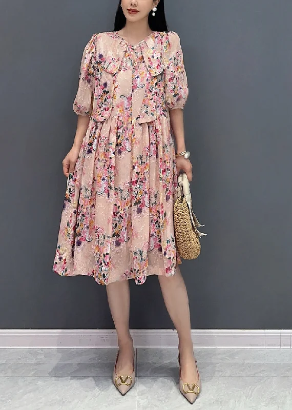 French Pink Print Fake Two Pieces Long Dress Summer AO1030 Tunics Office stylish