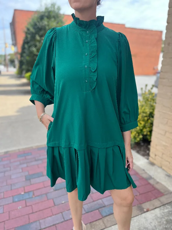 Hunter Green Pleated Mini Dress Stylish Button-Down Mini Dress